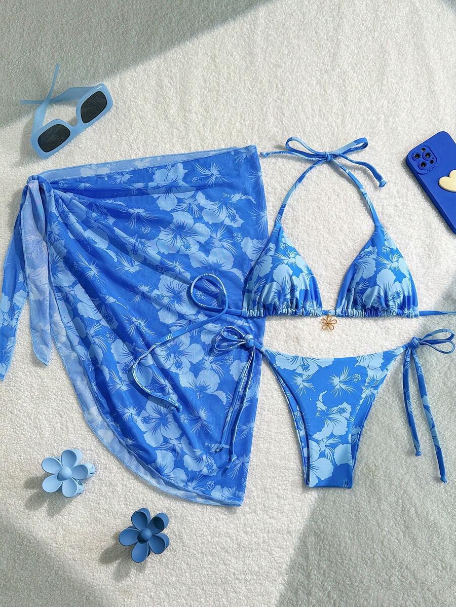 Bikini Set Damen | Triangel-Bikini mit Blumenprint & Wickeltuch