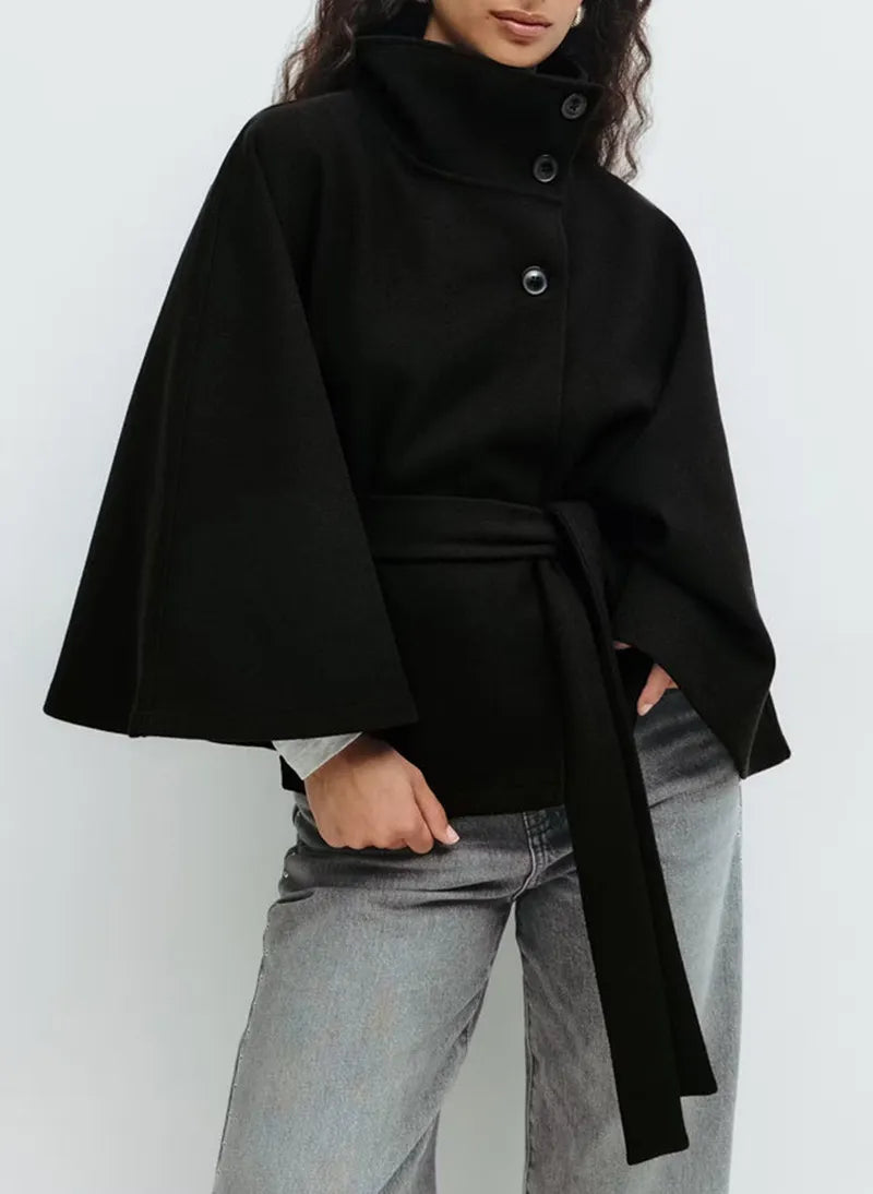 Cape Mantel Damen | Mit Taillengürtel & Hohem Kragen