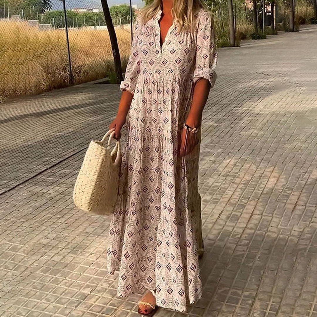 Maxi Kleid Damen | Botanischer Print & Stufenrock