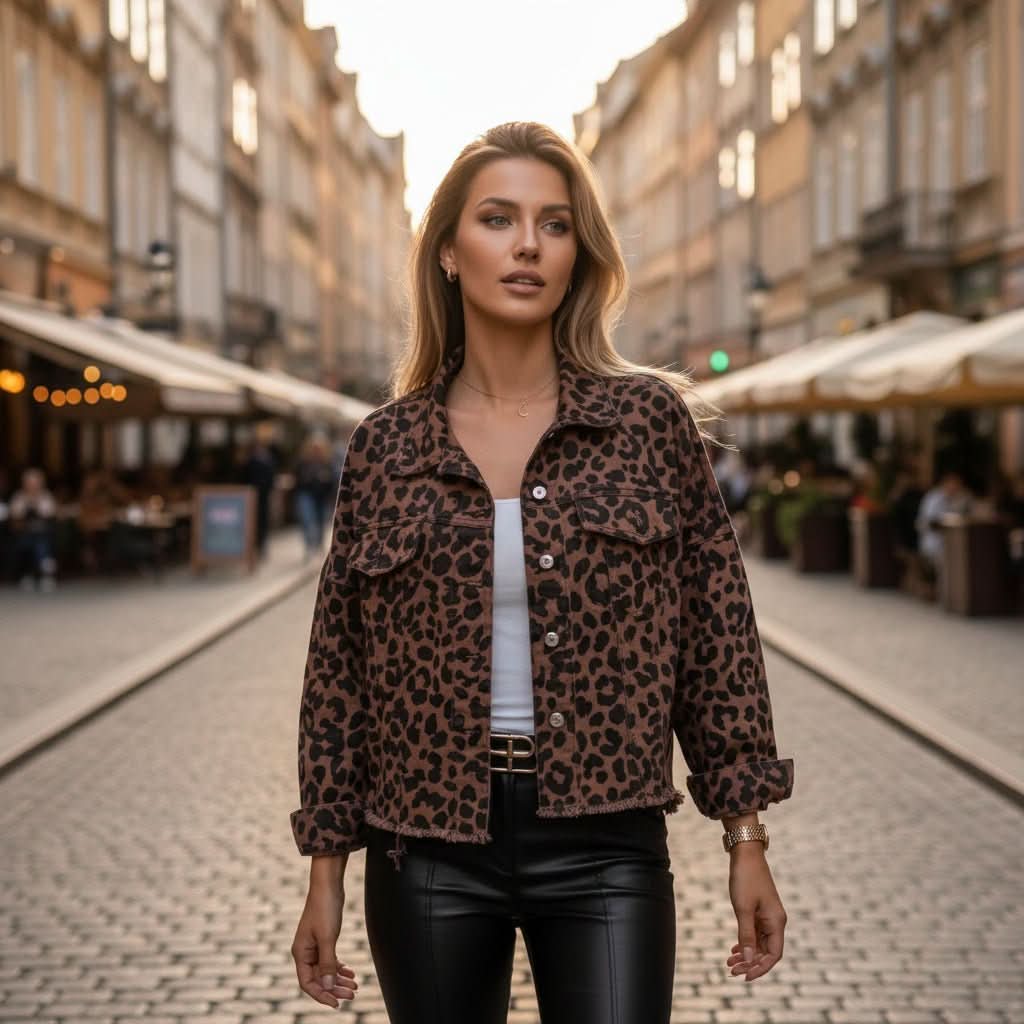 Damen Jacke Streetwear Leoprint Oversized Fransensaum mit Außentaschen 2