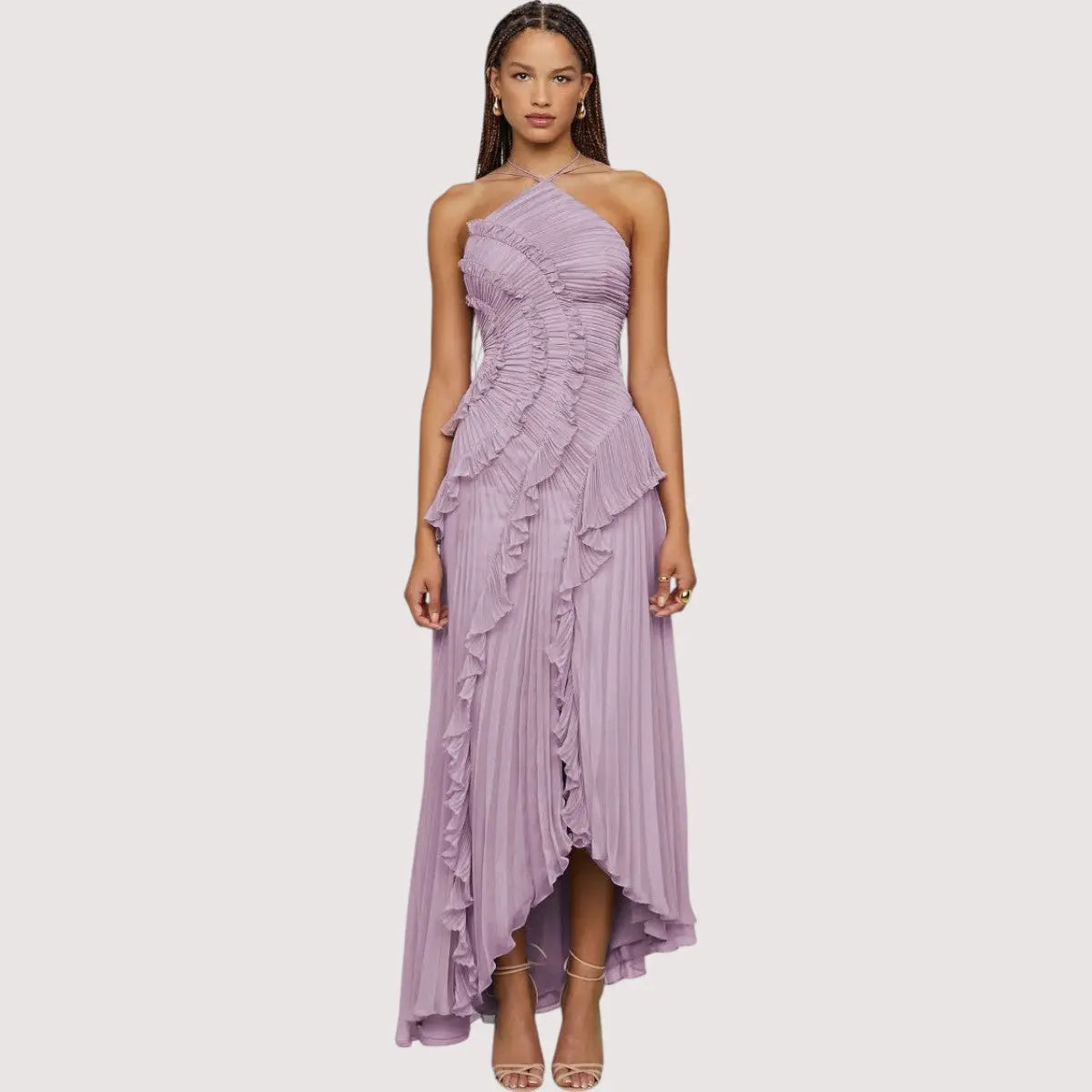 Maxikleid Damen | Plissee-Rüschen & Asymmetrischer Festlook