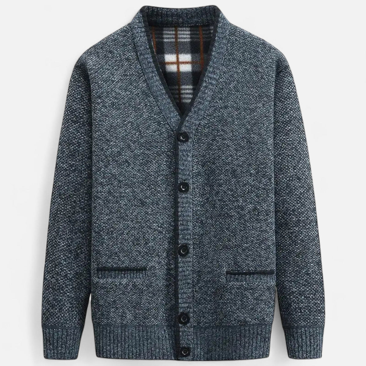 Men's knit cardigan sweater styled for a timeless everyday outfit