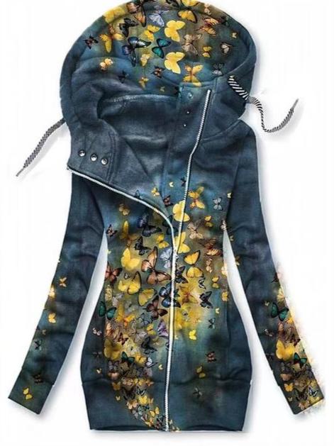Kapuzenpullover Damen | Diagonaler Zipper & Schmetterlings-Print
