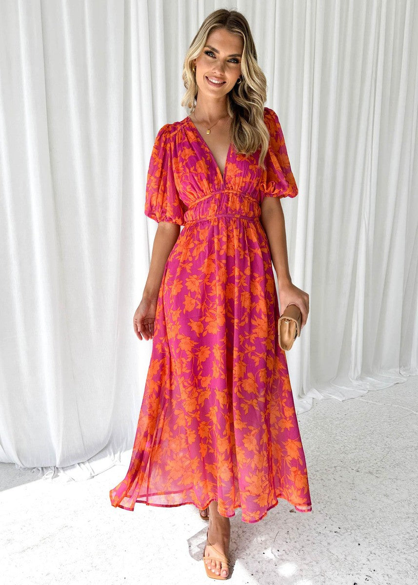 Midikleid Damen | Floraler Print & Taillierter Puffärmel-Look