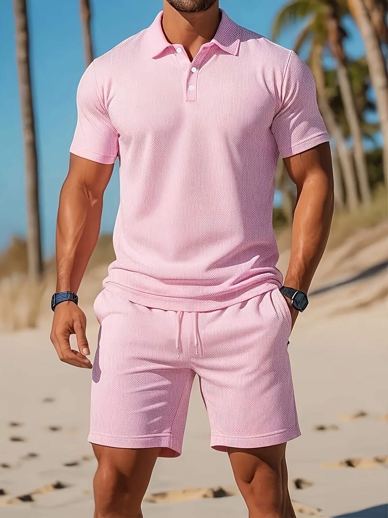 Sommer Set Herren | Poloshirt & Shorts mit Waffelstruktur