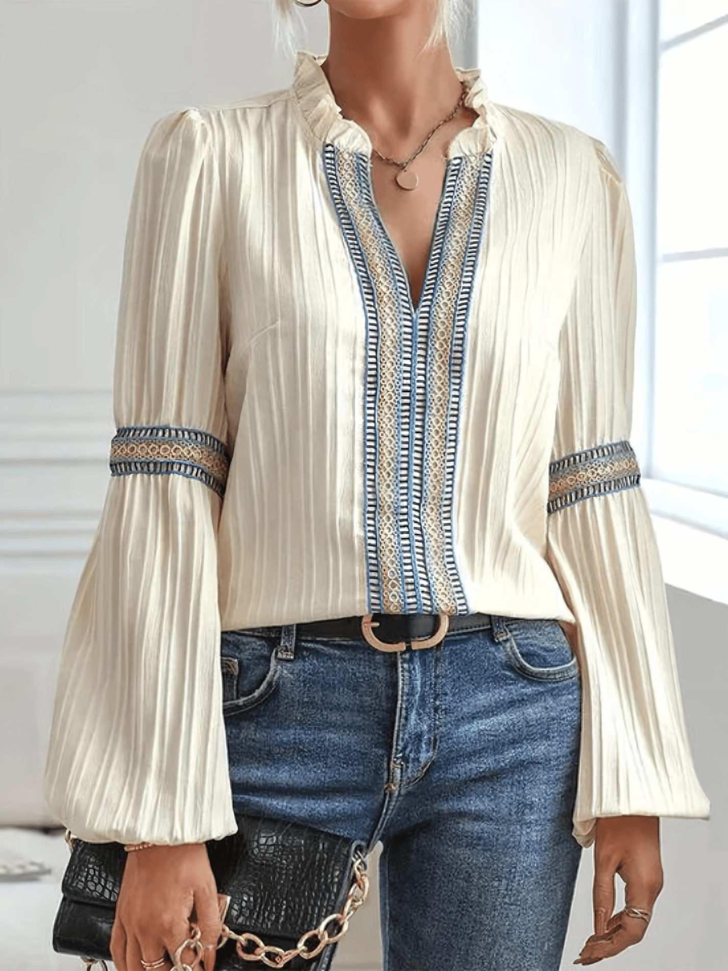 Langarm Bluse Damen im Boho-Look | Stehkragen & Zierborte