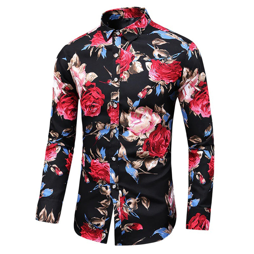 Langarm Polo Herren | Blumen-Print & Hemdkragen