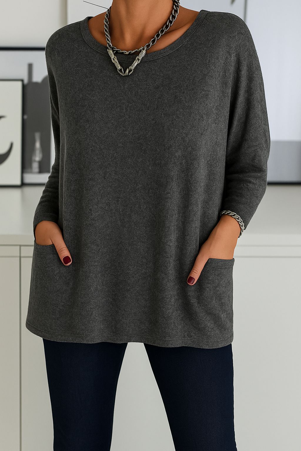 Langarm Top Damen mit Taschen | Lockerer Tunika-Schnitt