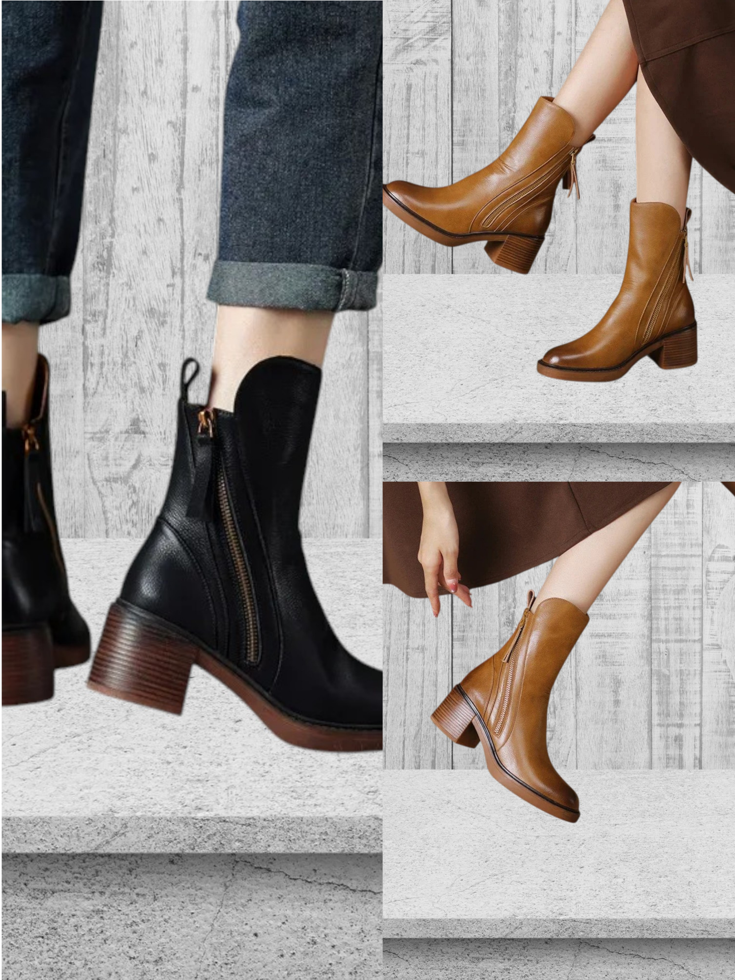 Margarete | Elegante Lederknöchelstiefel mit goldenen Reißverschluss und Blockabsatz für Damen
