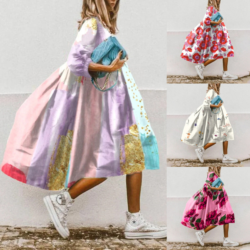 Midi Kleid Damen | Florales Swing-Kleid mit 3/4-Arm