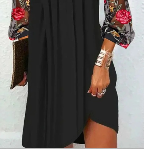 Mini Kleid Damen Mesh-Ärmel | Blumen-Stickerei & V-Ausschnitt