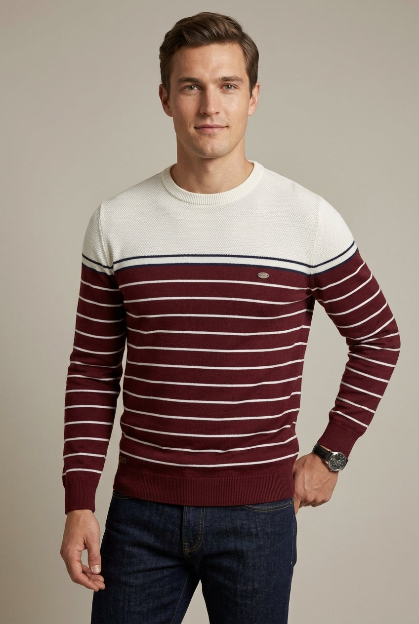 Men's striped sweater styled as a casual everyday layer