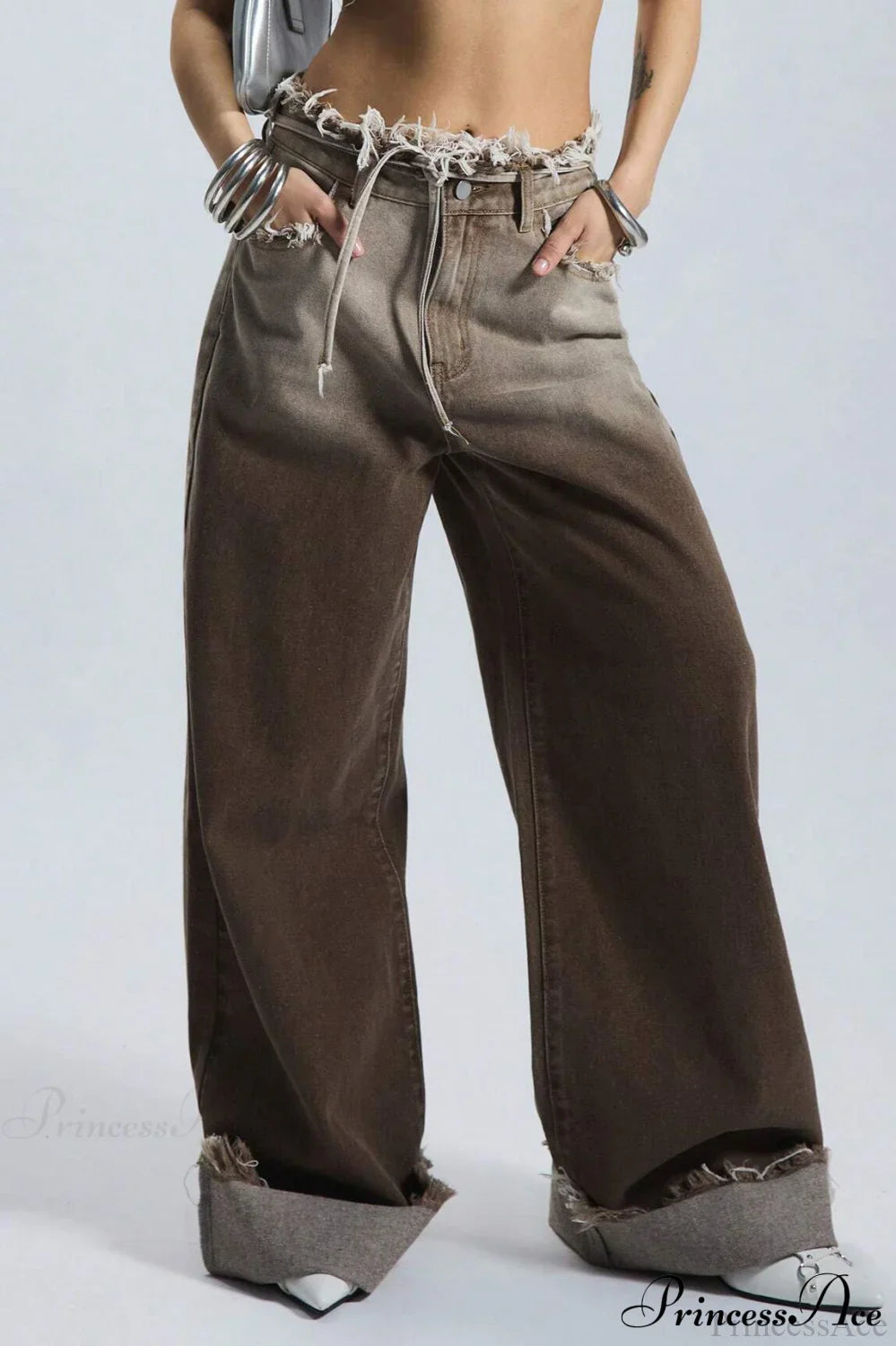 Weite Jeans Damen | Farbverlauf & Fransensaum-Detail
