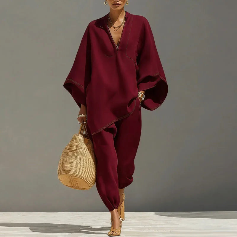 Zweiteiliges Set Damen | V-Ausschnitt-Tunika & Tapered Hose
