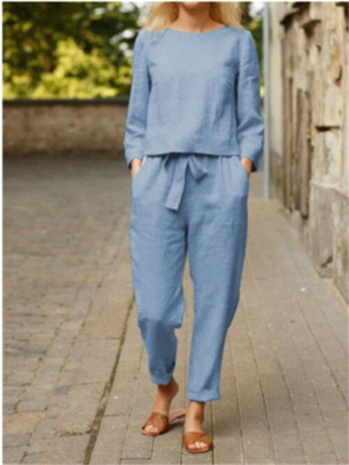 Zweiteiliges Damen Herbst-Outfit mit Rundhals-Shirt & Hose mit Gummibund – Nia 3