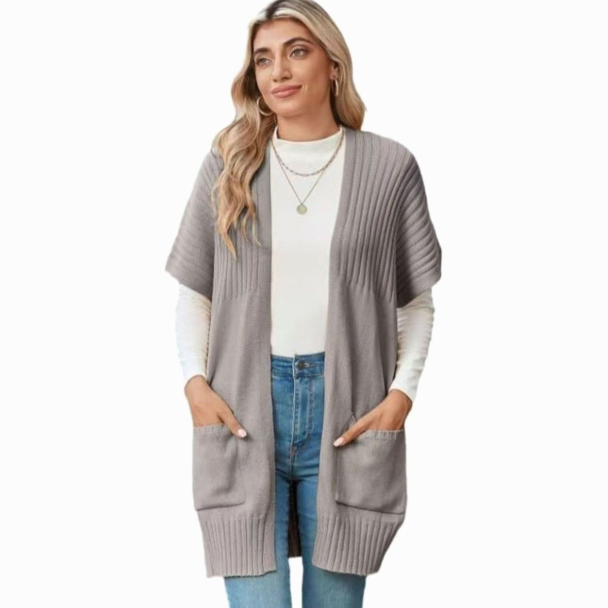 Cameron Strickjacke Damen Offene Front Kurzarm mit Taschen - Hellgrau