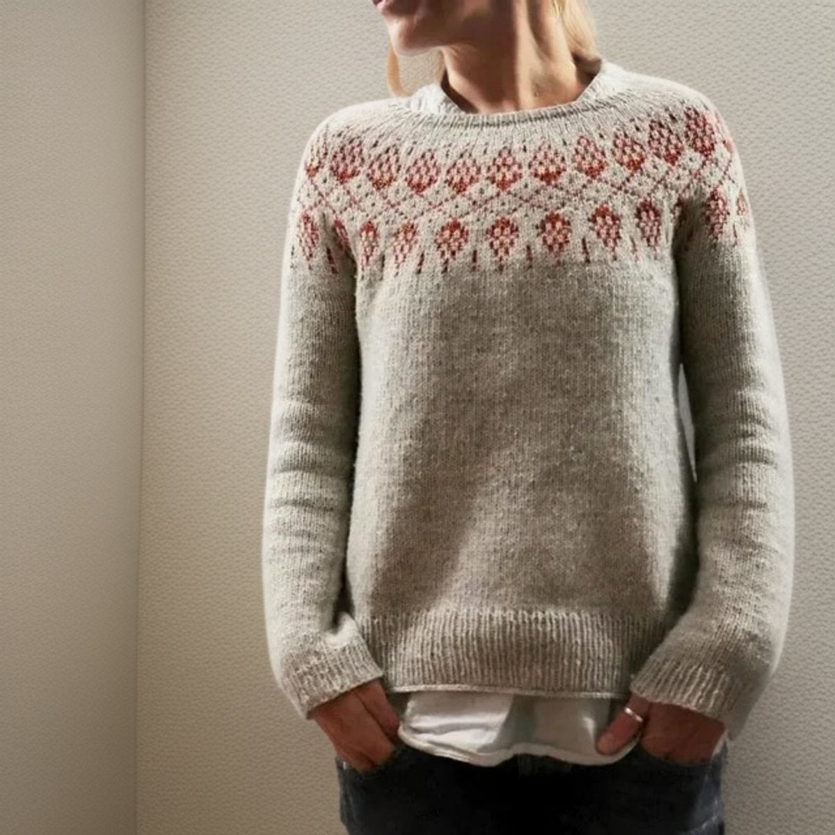 Damen Isländischer Rundhals Knit Sweater mit Jacquardmuster - Grau