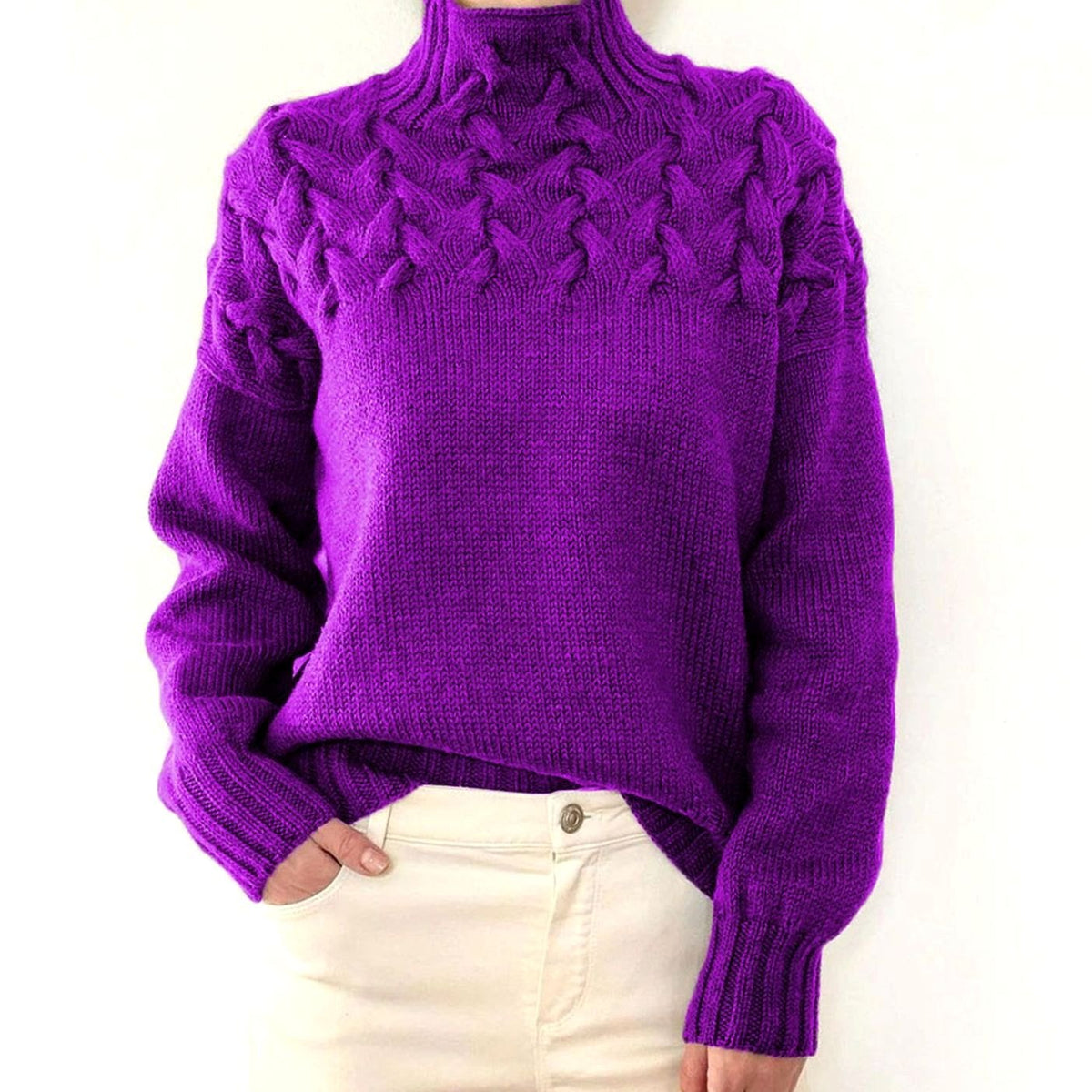 Damen Rollkragen-Strickpullover mit Zopfmuster Oversized - Violett