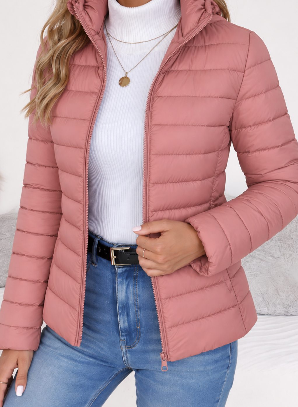 Damen Slim-Fit Steppjacke mit Stehkragen Leichte Winterjacke - Rosa