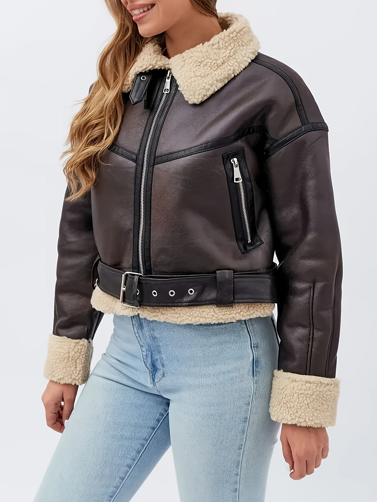 Edmara | Damen Kunstlederjacke Bikerjacke mit Fellkragen - Dark Brown - Image 5