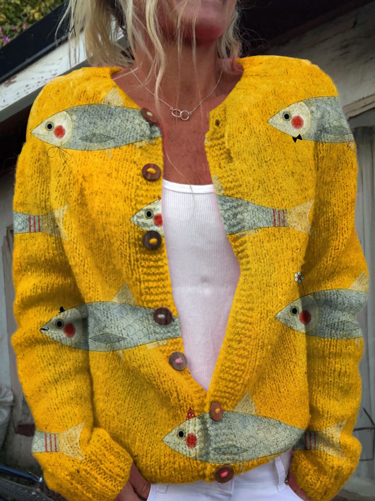 Hildrun | Damen Strickjacke mit Print Cardigan - Yellow - Image 1