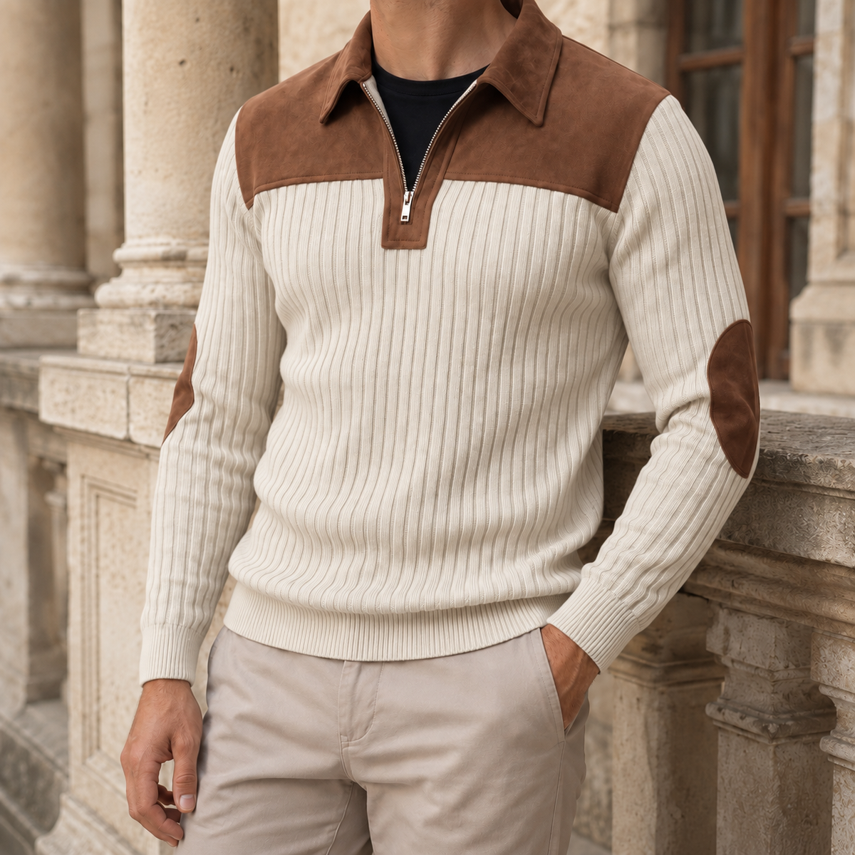 Full view of the men's quarter-zip sweater with elbow patches