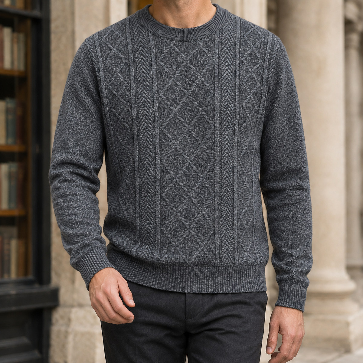 Men's textured sweater styled for a casual everyday outfit