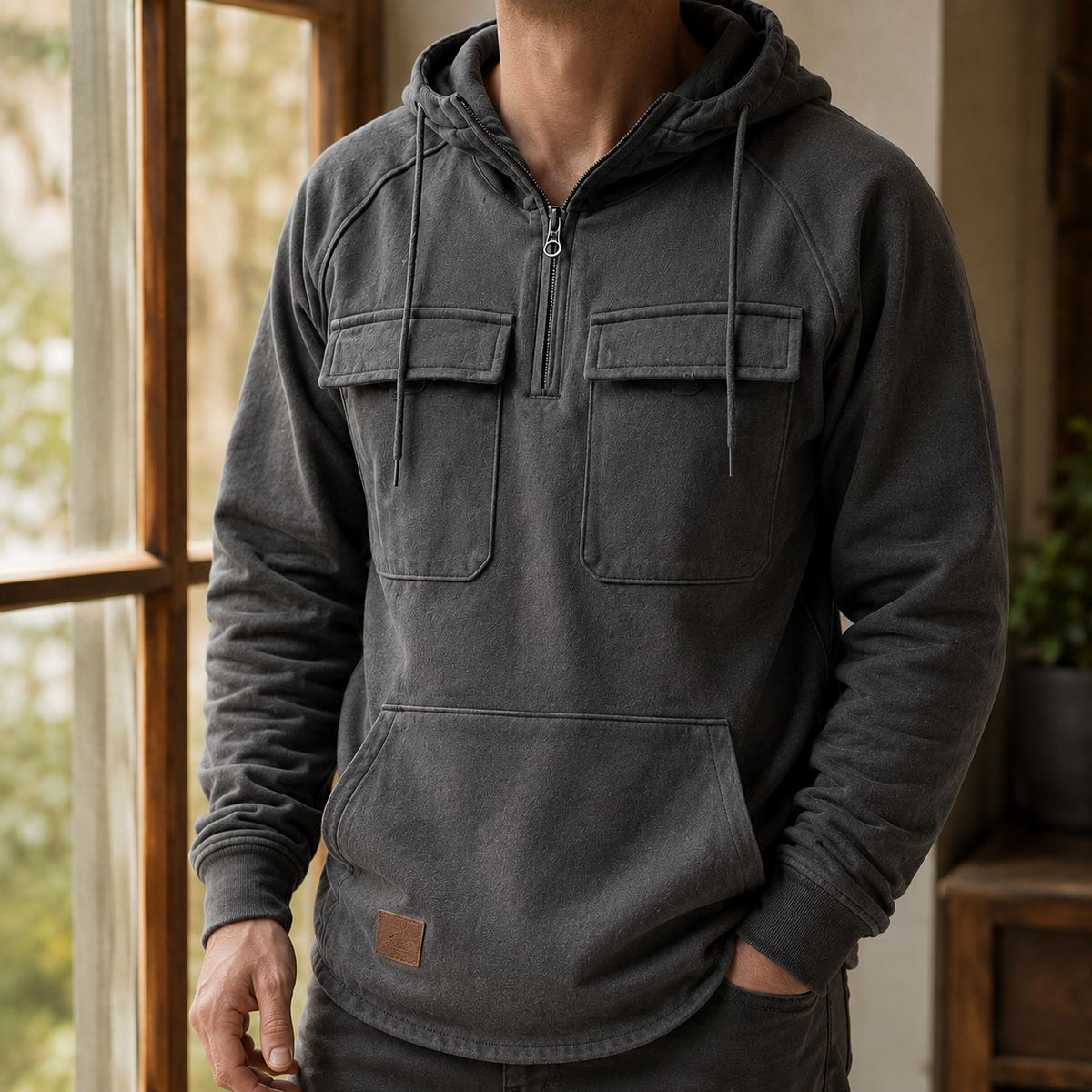 Back view of the men's gray utility hoodie with a clean, simple design