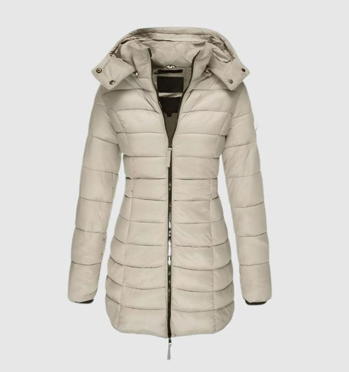 Winterjacke Damen Langer Gesteppter Mantel mit Kapuze - Beige