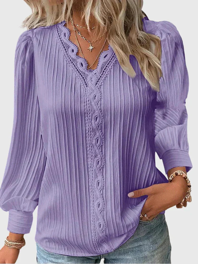 Pullover-Bluse Damen | Eleganter V-Ausschnitt mit Spitze 2