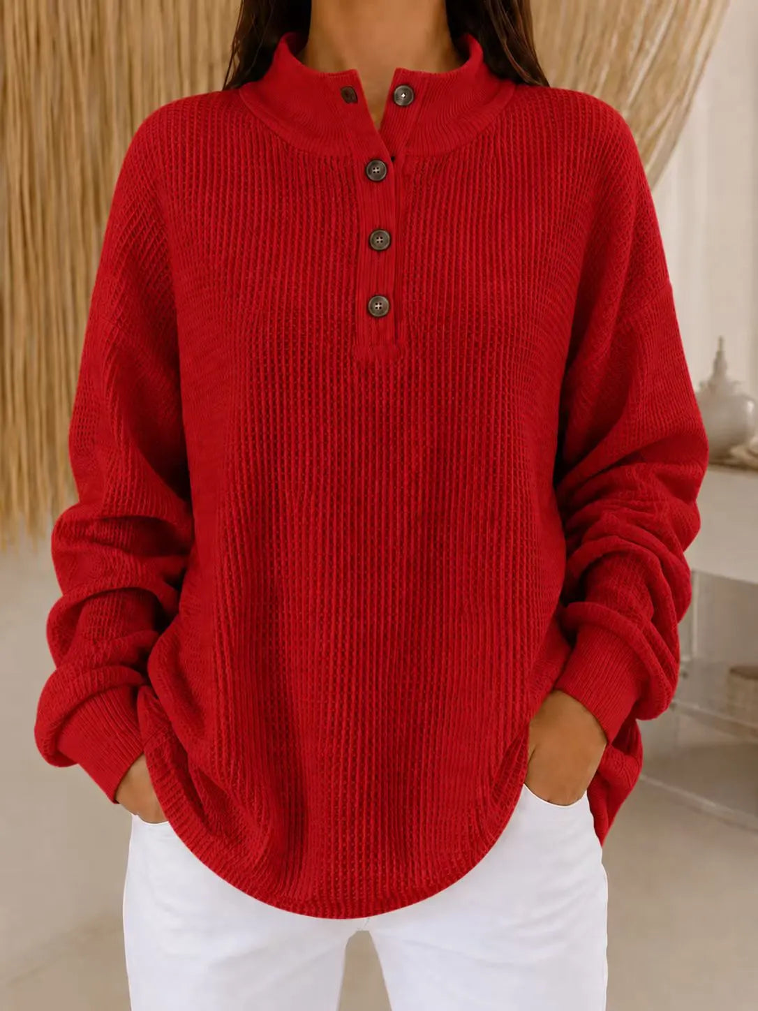 Strickpullover Damen | Henley-Ausschnitt & Waffelstruktur 4