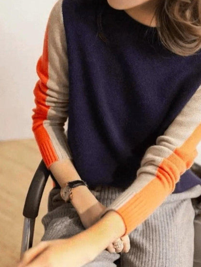 Damen Pullover Retro Streifen Colorblock Strickpullover 3