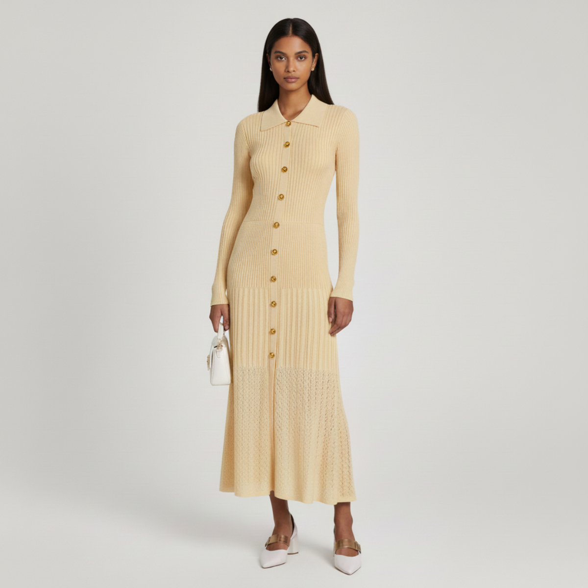 Damen Strickkleid Figurbetont Knopfleiste Kragenausschnitt 1