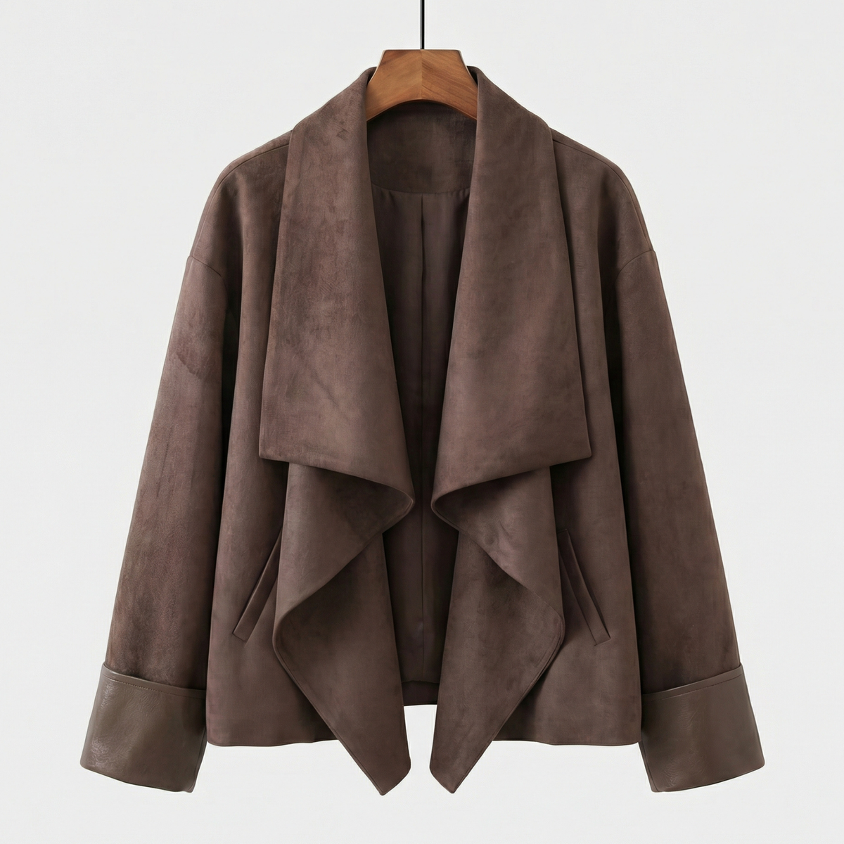 Damen Suede Jacket drapierter Reverskragen locker mit Ärmelaufschlägen 1