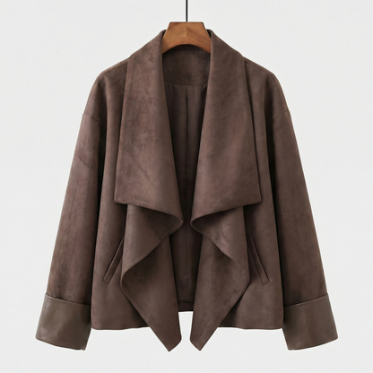 Damen Suede Jacket drapierter Reverskragen locker mit Ärmelaufschlägen 1