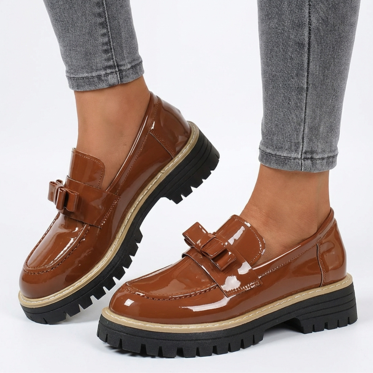 Damen Loafer Plateausohle Schleifendetail Hochglanz Einschlupf 1