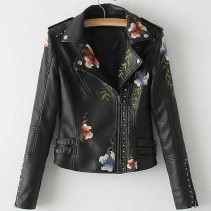 Damen Bikerjacke Moto Style Blumenstickerei Nietendetails 1