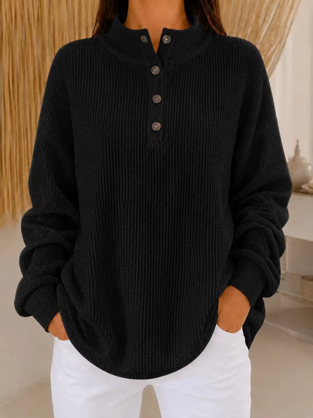 Strickpullover Damen | Henley-Ausschnitt & Waffelstruktur 6