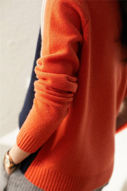 Damen Pullover Retro Streifen Colorblock Strickpullover 4