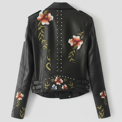 Damen Bikerjacke Moto Style Blumenstickerei Nietendetails 4