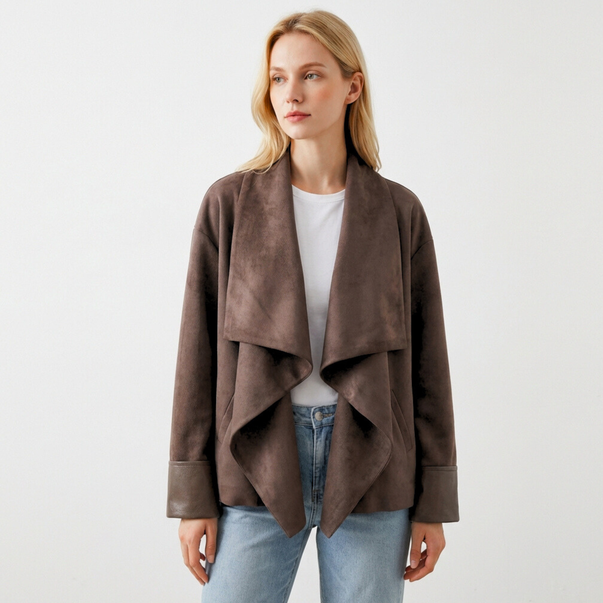 Damen Suede Jacket drapierter Reverskragen locker mit Ärmelaufschlägen 3