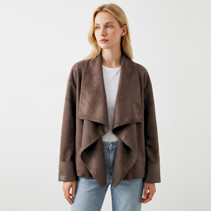 Damen Suede Jacket drapierter Reverskragen locker mit Ärmelaufschlägen 3