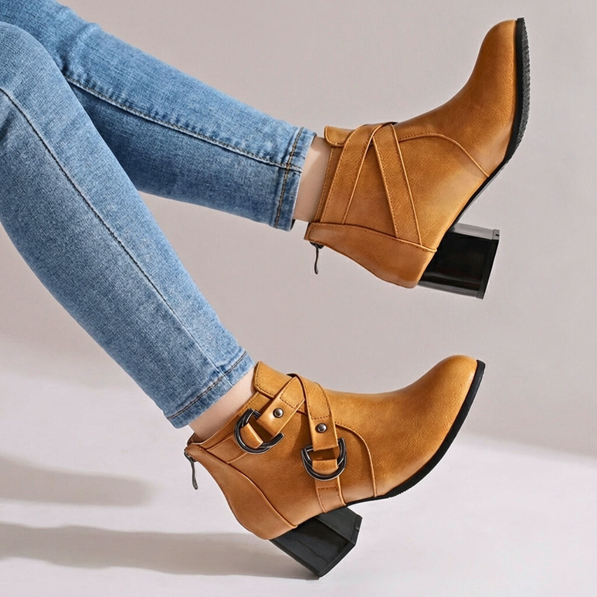 Damen Schnallenstiefel Blockabsatz Stiefel Schnallenoptik 2