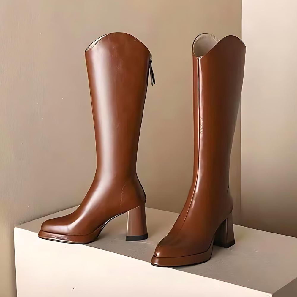 Damen Kniehohe Stiefel Blockabsatz Reißverschluss Schaft 2