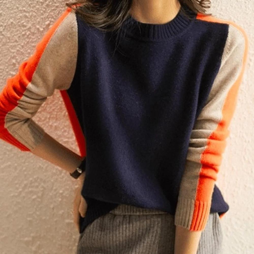 Damen Pullover Retro Streifen Colorblock Strickpullover 2
