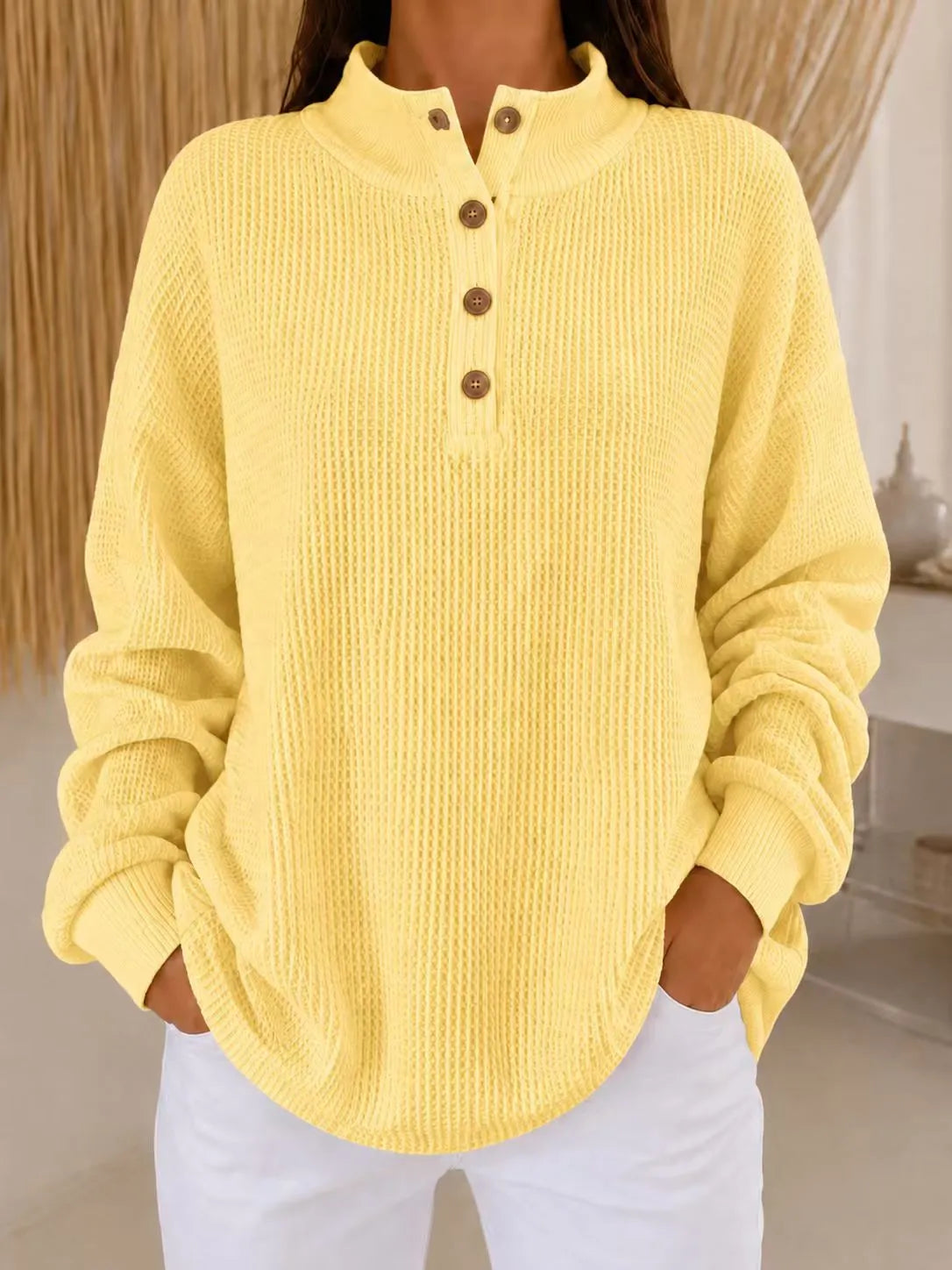 Strickpullover Damen | Henley-Ausschnitt & Waffelstruktur 1