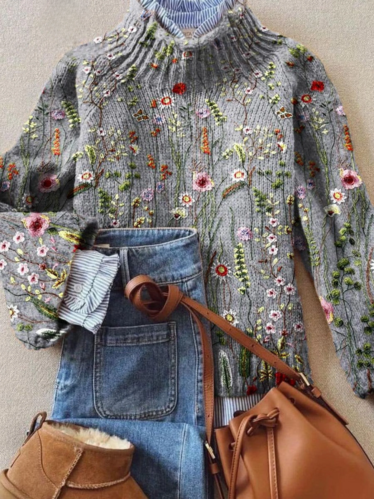 Strickpullover Damen | Vintage Blumenmuster Design 1