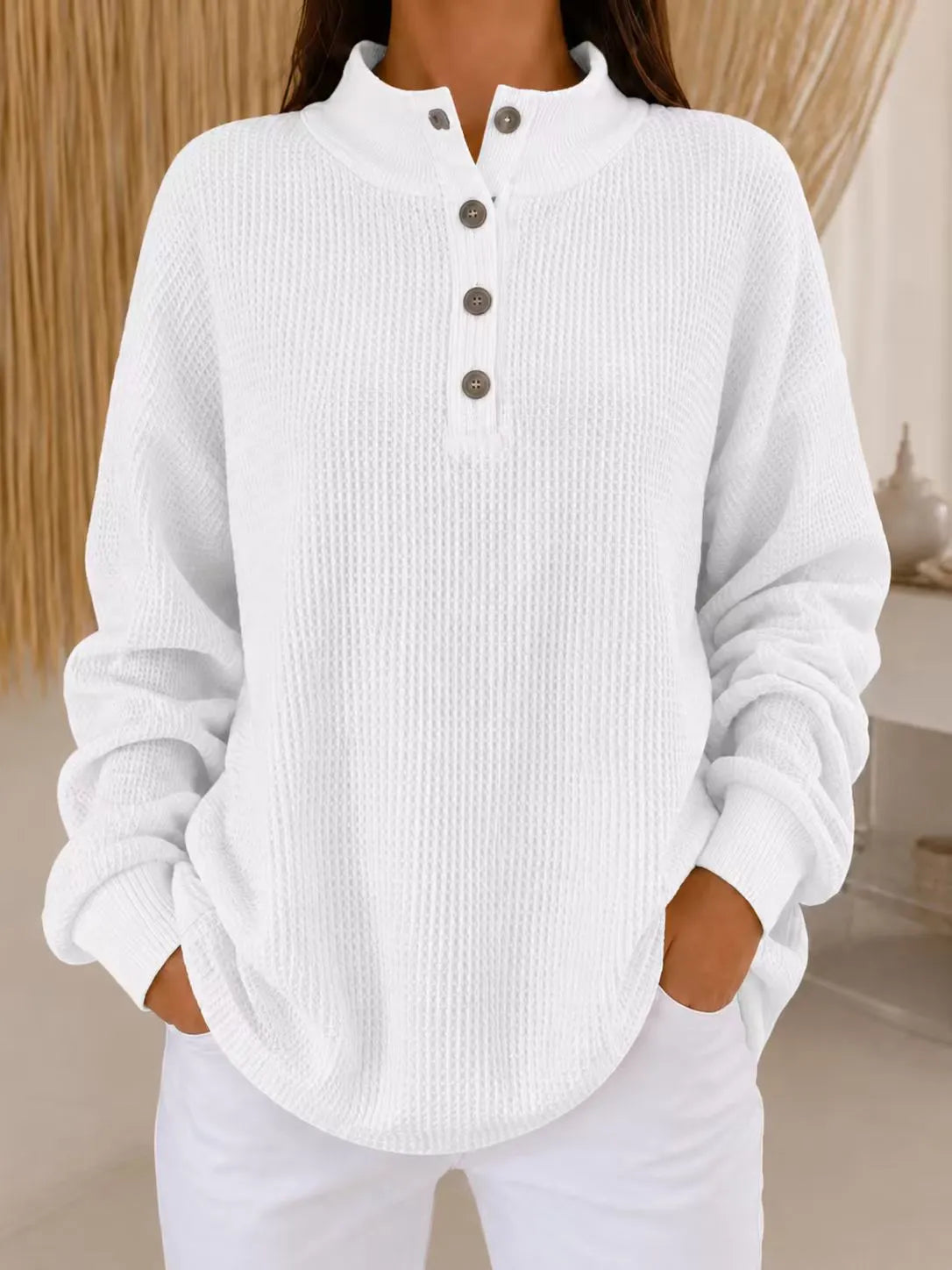 Strickpullover Damen | Henley-Ausschnitt & Waffelstruktur 2