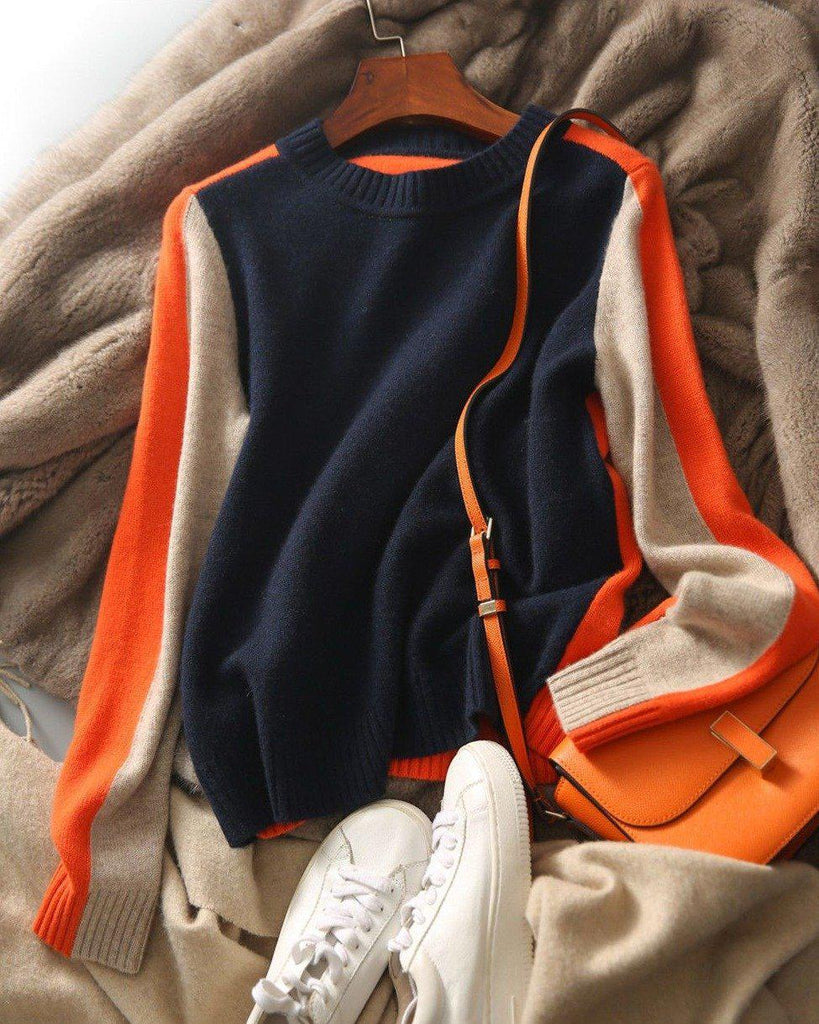 Damen Pullover Retro Streifen Colorblock Strickpullover 5