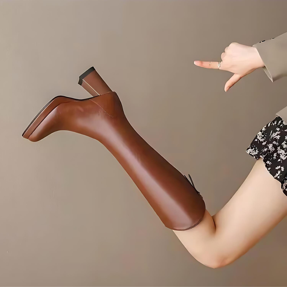 Damen Kniehohe Stiefel Blockabsatz Reißverschluss Schaft 3